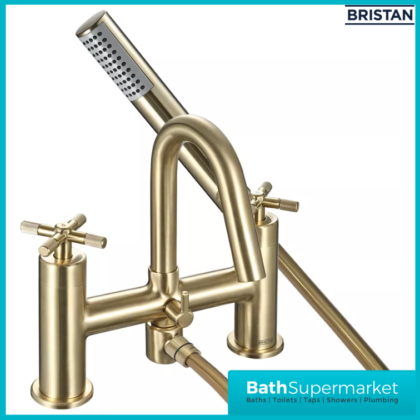 Bristan Cruzar Brushed Brass Twin Crosshead Handle Bath Shower Handset Mixer Tap Kit