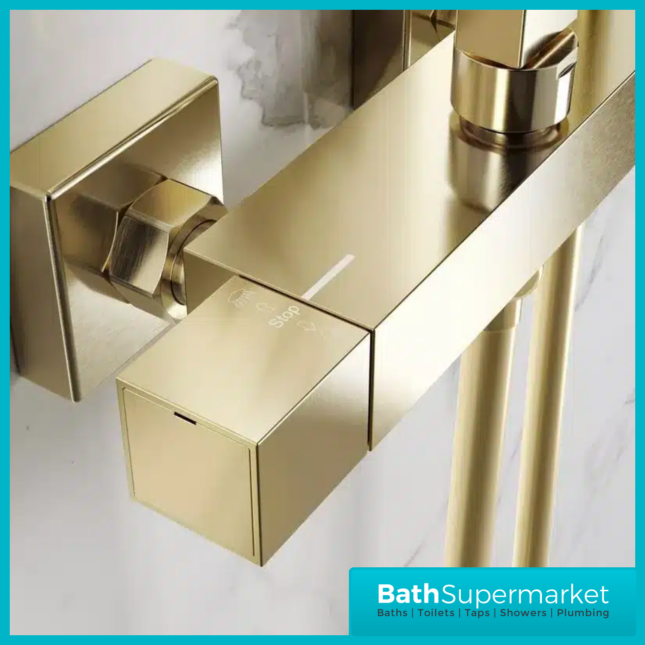 Square Brushed Brass Bathroom Shower Suite With Bath Set & Overflow Filler Tap – Various Sizes