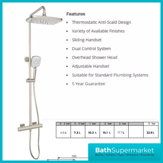 Kartell K-Vit Kolt Brushed Nickel Sliding Handset Thermostatic Drench Shower