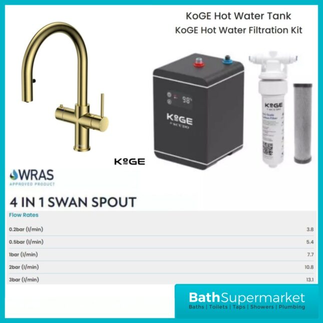 Sognare KoGE 4-In-1 Brushed Brass Pull Out Spout Boiling Water Kitchen Tap System Filter Kit