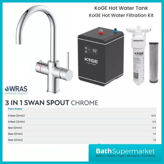 Sognare KoGE 3-In-1 Chrome Swan Spout Instant Boiling Kitchen Tap Filter System Kit