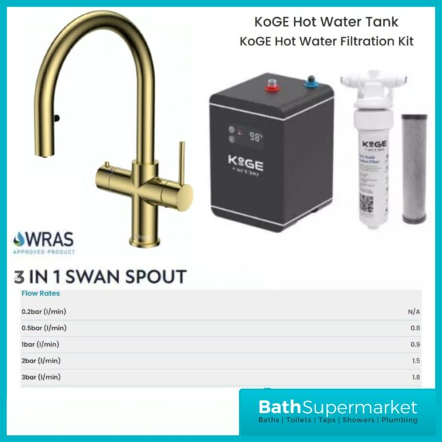 Sognare KoGE 3-In-1 Brushed Brass Swan Spout Instant Boiling Kitchen Tap Filter System Kit