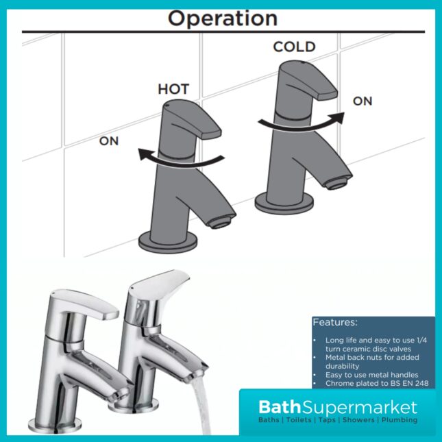 Bristan Orta Luminance Chrome Pair Deck Mounted 2 Tap Hole Hot & Cold Bath Taps