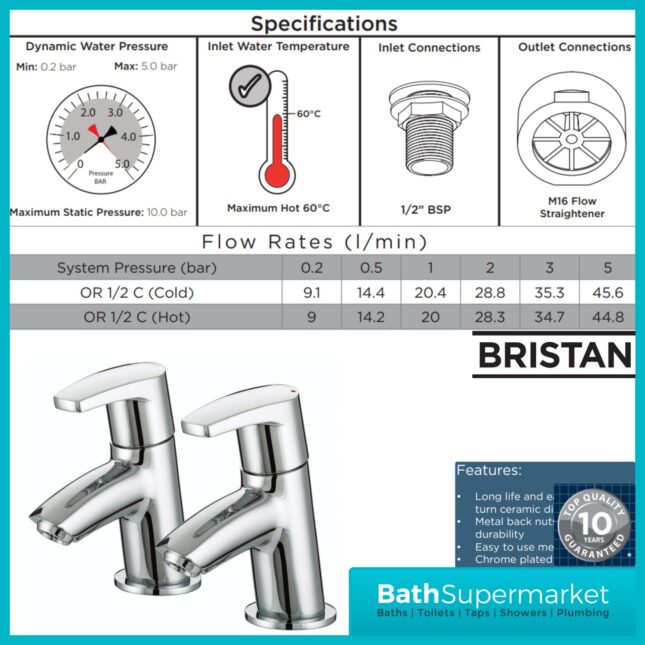 Bristan Orta Luminance Chrome Pair Deck Mounted 2 Tap Hole Hot & Cold Basin Taps