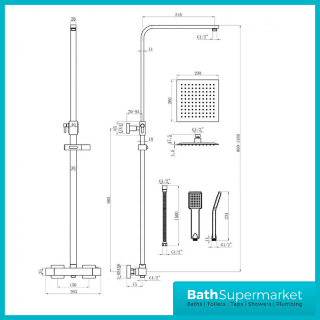 Square Matt Black Bathroom Shower Suite With Bath Set & Glass Screen – Various Sizes