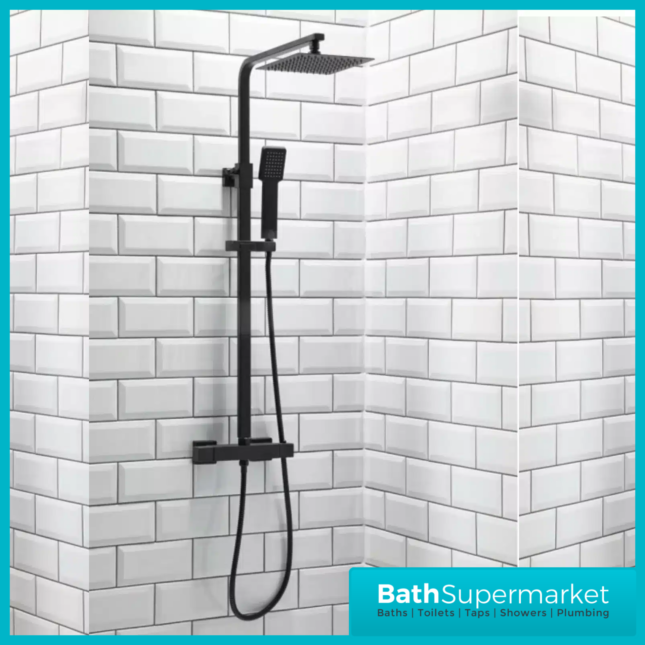 Square Matt Black Bathroom Shower Suite With Bath Set & Glass Screen – Various Sizes