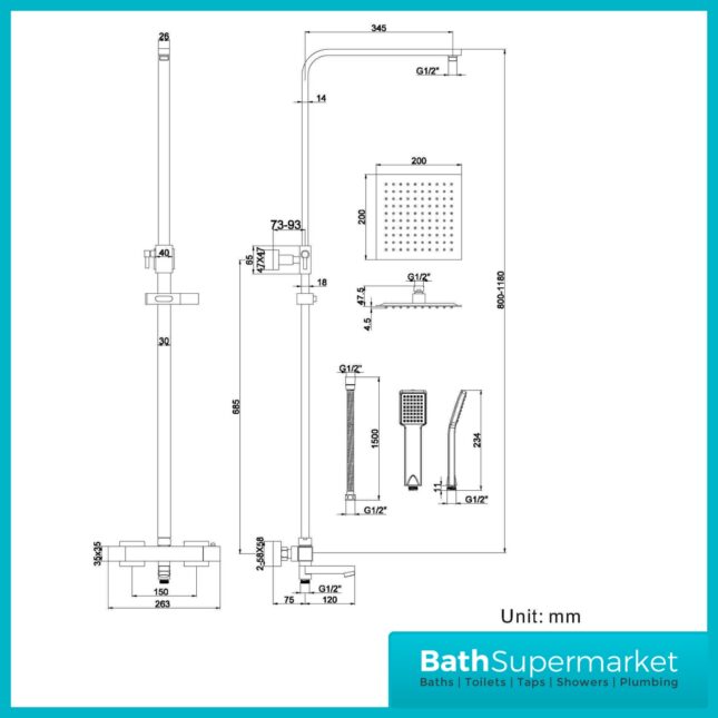 Gia Eden Black Square Twin Head Exposed Thermostatic Shower With Bath Filler