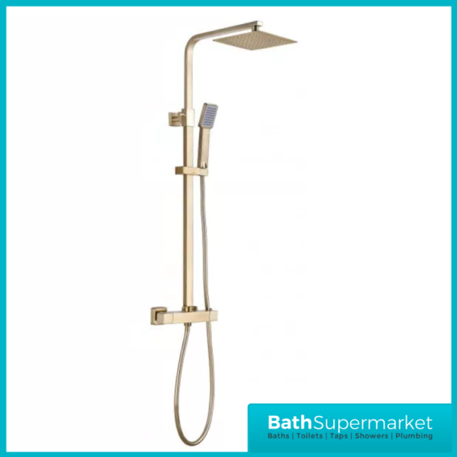 Square Brushed Brass Bathroom Shower Suite With Bath Set & Overflow Filler Tap – Various Sizes