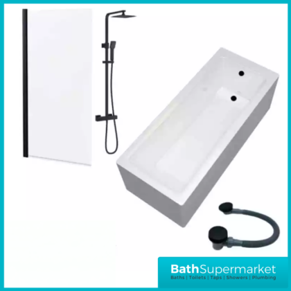 Square Matt Black Bathroom Shower Suite With Bath Set & Glass Screen – Various Sizes