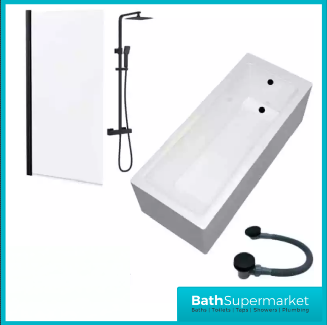 Square Matt Black Bathroom Shower Suite With Bath Set & Glass Screen – Various Sizes