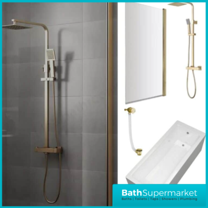 Square Brushed Brass Bathroom Shower Suite With Bath Set & Overflow Filler Tap – Various Sizes