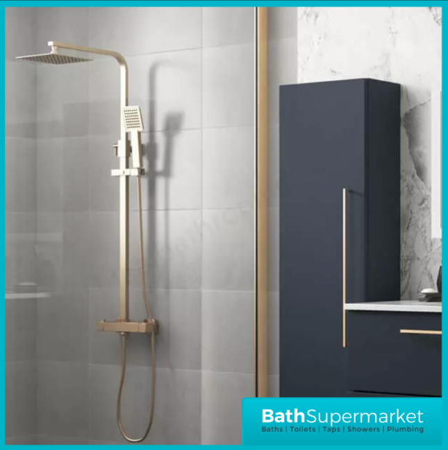 Square Brushed Brass Bathroom Shower Suite With Bath Set & Filler Tap - Various Sizes