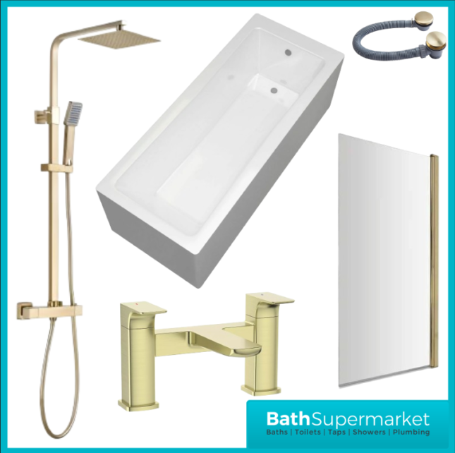 Square Brushed Brass Bathroom Shower Suite With Bath Set & Filler Tap - Various Sizes