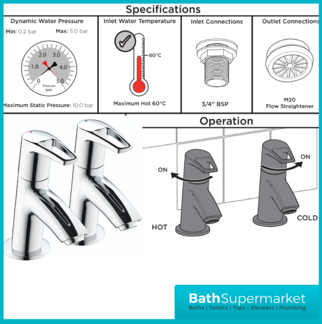 Bristan Smile Luminance Chrome Pair Deck Mounted 2 Tap Hole Hot & Cold Bath Taps