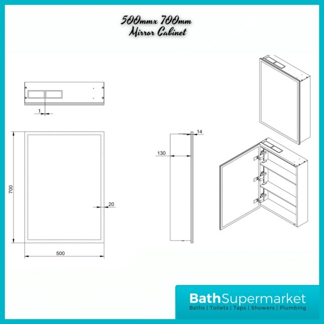 Sognare Prospr LED Single Cabinet Door Bluetooth Mirror 500mm & 600mm x 700mm