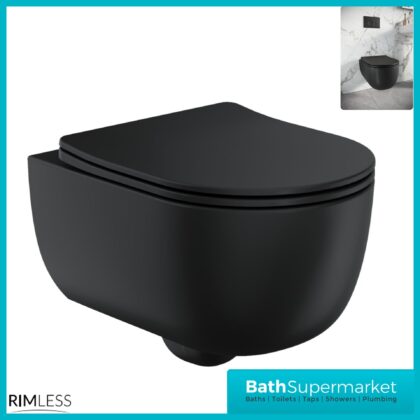Sognare Riviera Matt Black Round Rimless Wall Hung WC Toilet Pan & Seat
