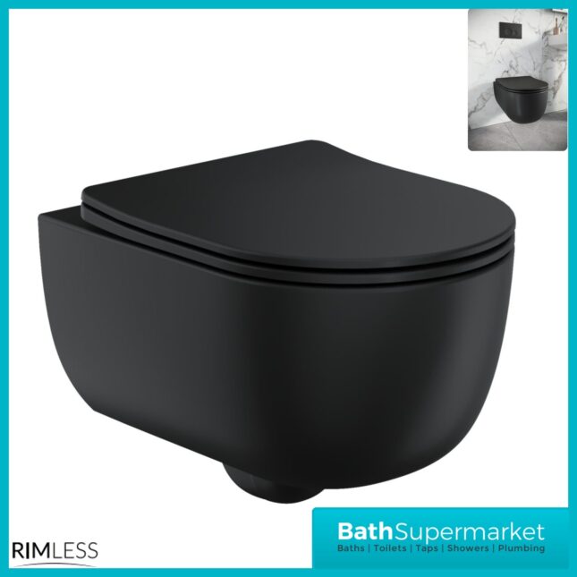 Sognare Riviera Matt Black Round Rimless Wall Hung WC Toilet Pan & Seat