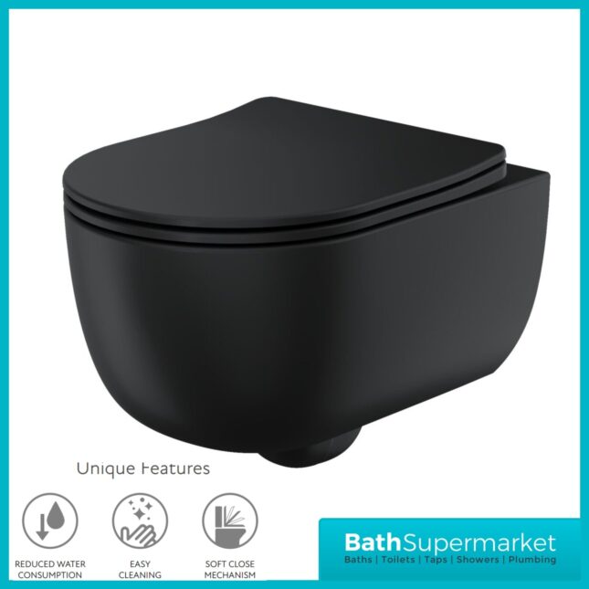Sognare Riviera Matt Black Round Rimless Wall Hung WC Toilet Pan & Seat