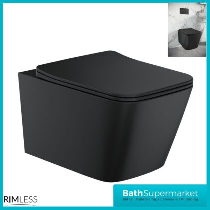 Sognare Riviera Matt Black Square Rimless Wall Hung WC Toilet Pan & Seat