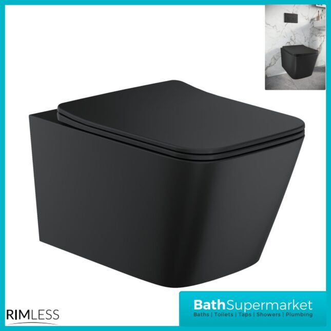 Sognare Riviera Matt Black Square Rimless Wall Hung WC Toilet Pan & Seat