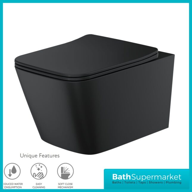 Sognare Riviera Matt Black Square Rimless Wall Hung WC Toilet Pan & Seat