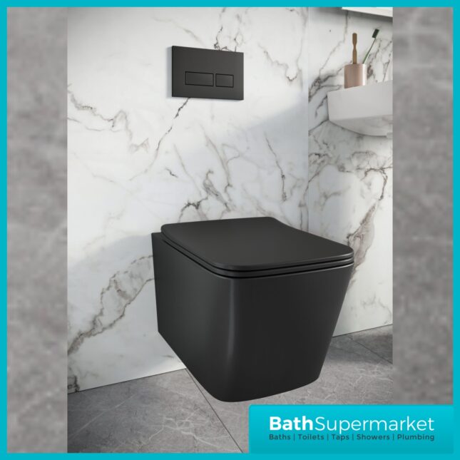 Sognare Riviera Matt Black Square Rimless Wall Hung WC Toilet Pan & Seat