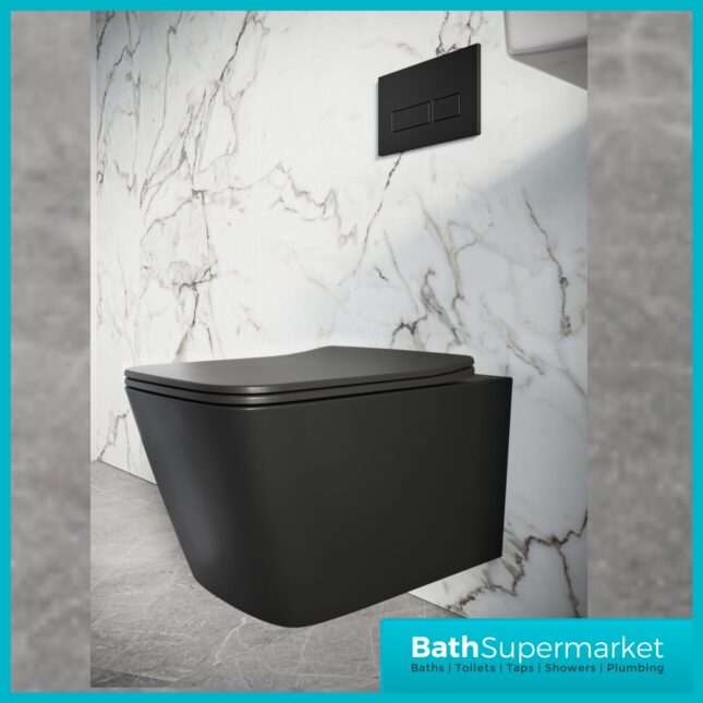 Sognare Riviera Matt Black Square Rimless Wall Hung WC Toilet Pan & Seat