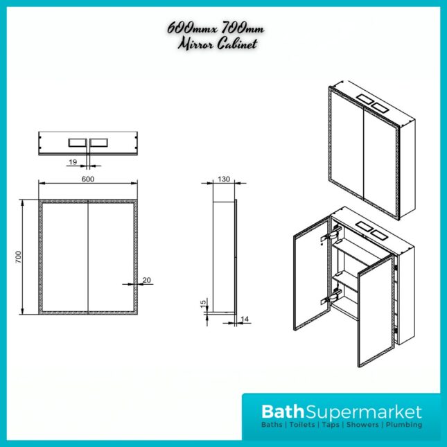 Sognare Prospr LED Double Cabinet Door Bluetooth Mirror 600mm x 700mm