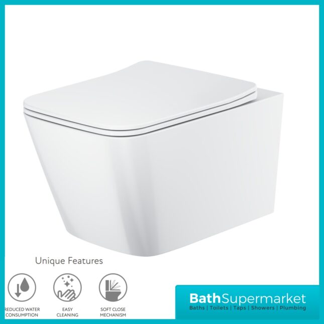 Sognare Riviera Gloss White Square Rimless Wall Hung WC Toilet Pan & Seat