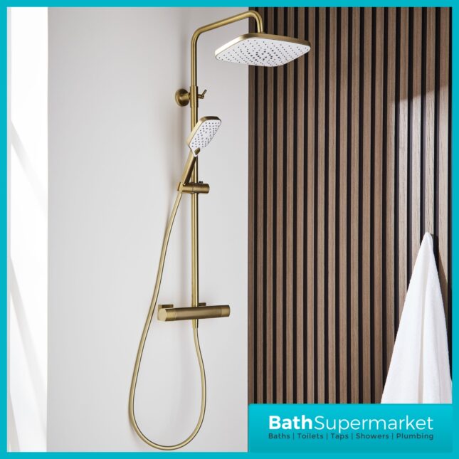 Kartell K-Vit Kolt Brushed Brass Sliding Handset Thermostatic Drench Shower