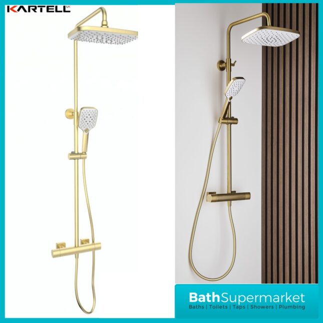 Kartell K-Vit Kolt Brushed Brass Sliding Handset Thermostatic Drench Shower