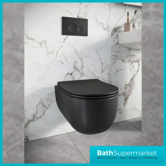Sognare Riviera Matt Black Round Rimless Wall Hung WC Toilet Pan & Seat