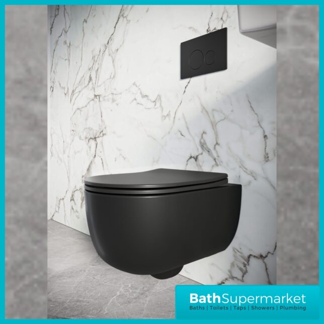 Sognare Riviera Matt Black Round Rimless Wall Hung WC Toilet Pan & Seat