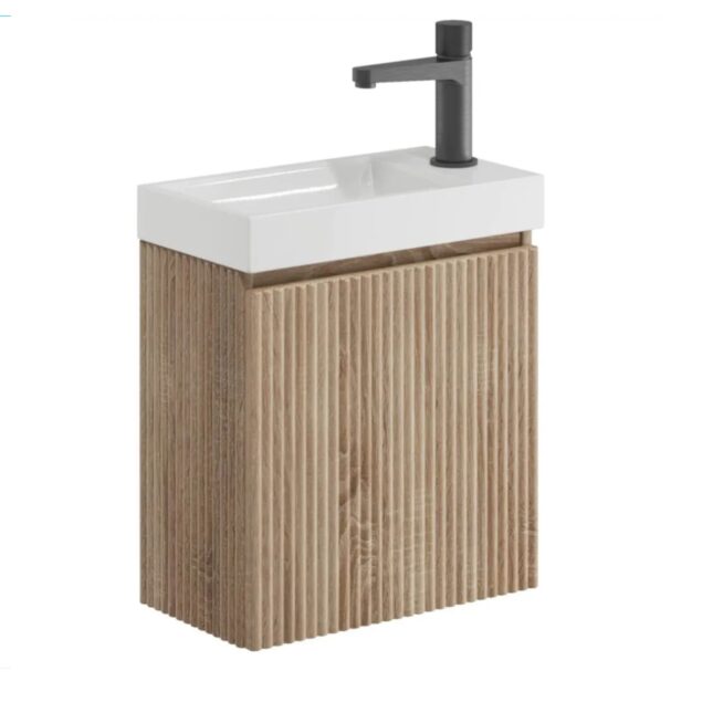 Scudo Linea Sonoma Oak Cloakroom Handless Door Wall Hung Basin Unit 400mm