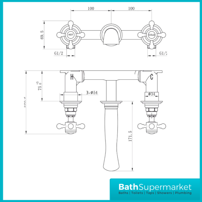 Russeldene & Marie Traditional Chrome Wall Mounted Basin Mixer Tap