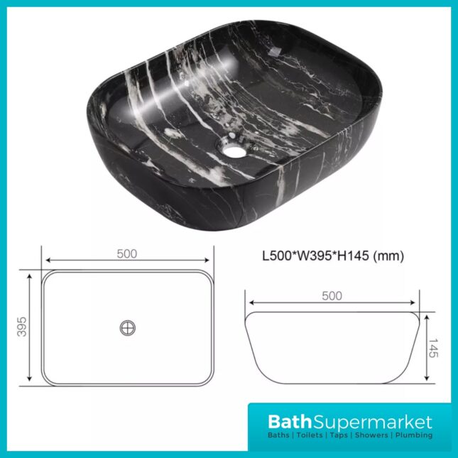KDK Black Marble Effect Rectangular Countertop Basin 500mm Width
