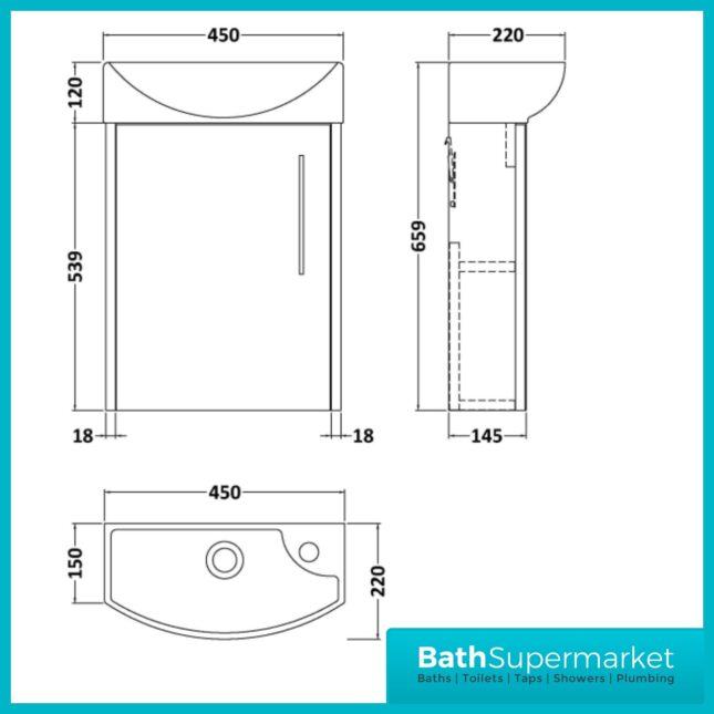 Hudson Reed Juno Compact Metallic Slate Wall Hung Basin Unit 450mm Wide RH & LH