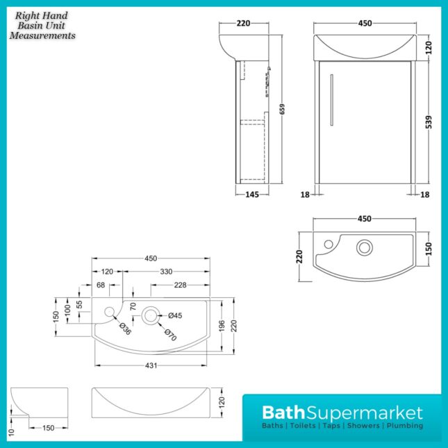 Hudson Reed Juno Compact Metallic Slate Wall Hung Basin Unit 450mm Wide RH & LH