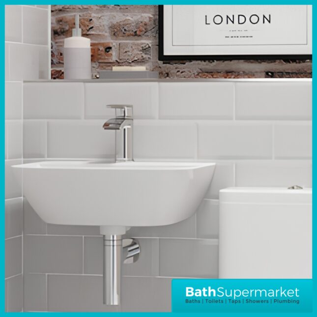 AquaVolere Sabine White Wall Hung 1TH Cloakroom Basin & Chrome Bottle Trap