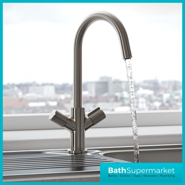 Bristan Fern Stainless Steel Easyfit Swan Neck Swivel Spout Twin Lever Kitchen Mixer Tap