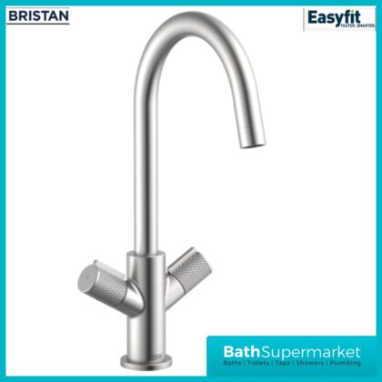 Bristan Fern Stainless Steel Easyfit Swan Neck Swivel Spout Twin Lever Kitchen Mixer Tap