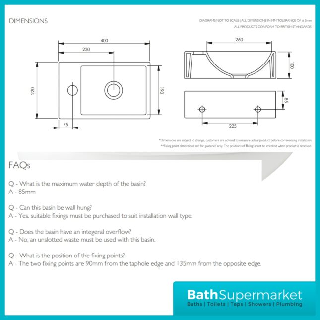 Tavistock Matrix Compact White Wall Hung Left Hand 1 Tap Hole Basin