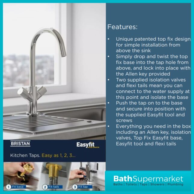 Bristan Fern Stainless Steel Easyfit Swan Neck Swivel Spout Twin Lever Kitchen Mixer Tap