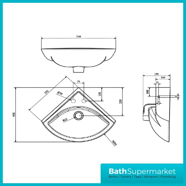 Kartell Proton Wall Hung Corner Cloakroom Basin 530mm Width 2 Tap Hole