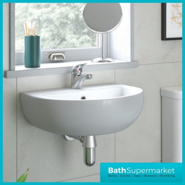 AquaVolere Florence White Wall Hung 1TH Cloakroom Basin & Chrome Bottle Trap