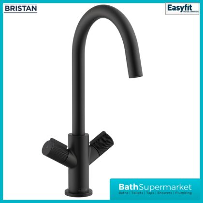 Bristan Fern Black Easyfit Swan Neck Swivel Spout Twin Lever Kitchen Mixer Tap