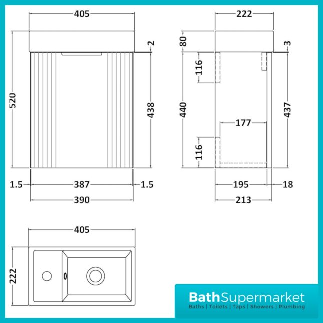 Nuie Deco Compact Satin Green Wall Hung Vanity Basin Unit 400mm Width