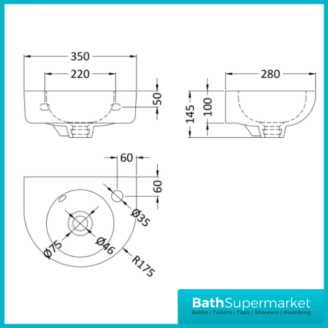 Nuie Melbourne White Rounded Wall Hung Cloakroom Basin 1 Tap Hole 350mm Width