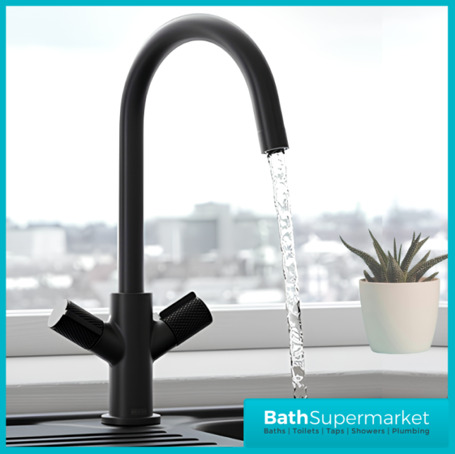 Bristan Fern Black Easyfit Swan Neck Swivel Spout Twin Lever Kitchen Mixer Tap