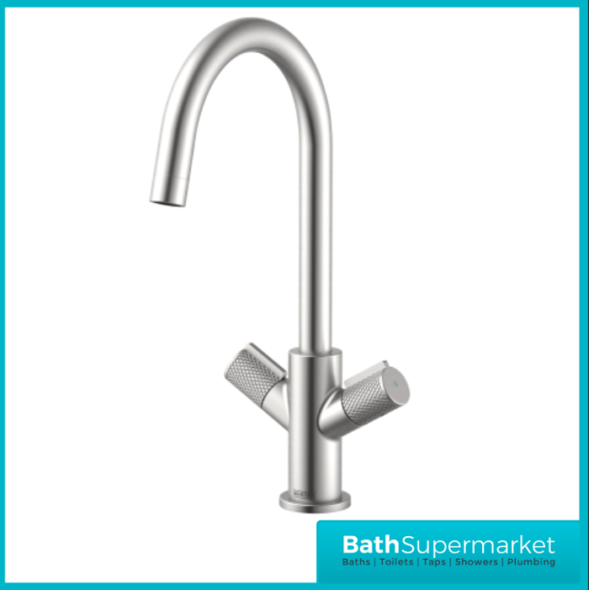 Bristan Fern Stainless Steel Easyfit Swan Neck Swivel Spout Twin Lever Kitchen Mixer Tap